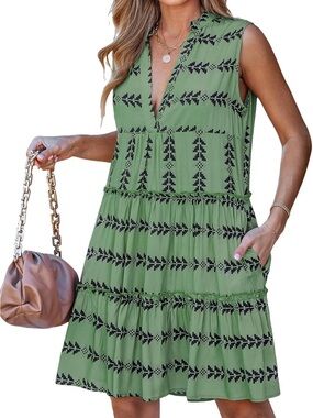 Sleeveless Green Patterned V-Neck Summer Dress